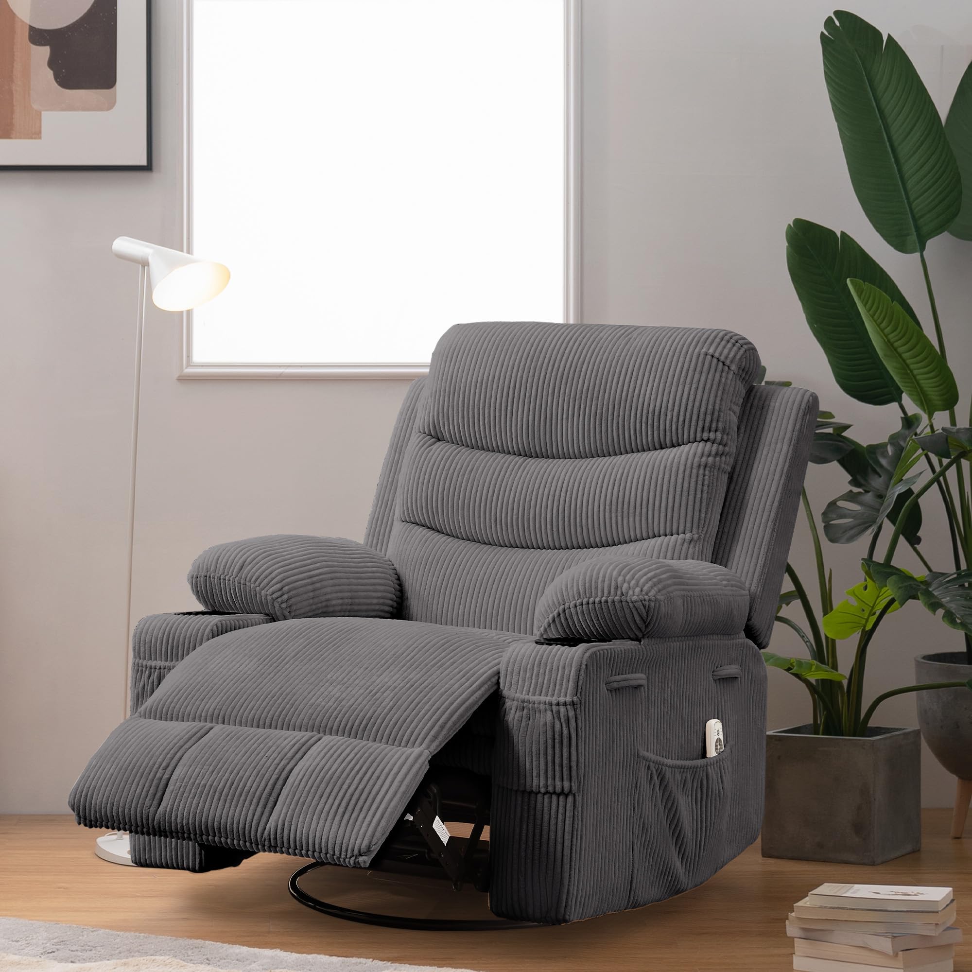 Recliner Chair Nursery, Oversized Manual Reclining Rocking Chair, 360 Swivel Glider with Cup Holder, Massage and Heat Recliner, Indoor Small Single Sofa Chairs for Adults RV Bedroom, Beige/Grey/Brown