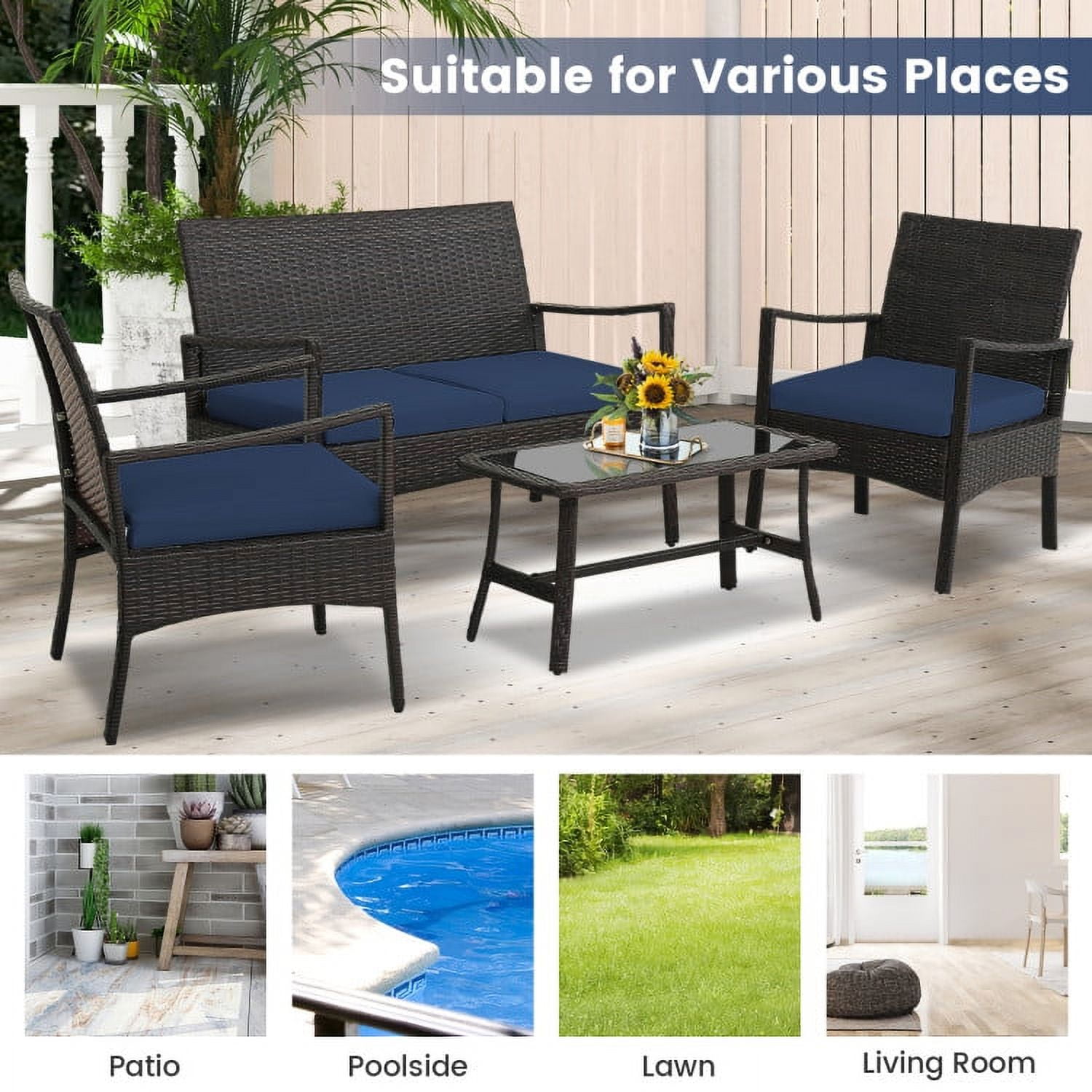 Aimee Lii 4 Pieces Rattan Conversation Set, Patio Table and Chairs Set, Outdoor Patio Set with Tempered Glass Coffee Table, Navy Aimee Lii 4 Pieces Rattan Conversation Set, Patio Table and Chairs Set, Outdoor Patio Set with Tempered Glass Coffee Table, Navy