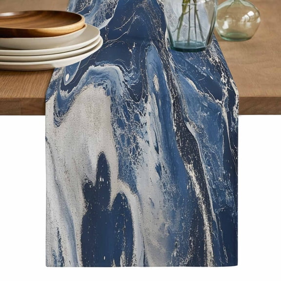 Retro Navy Blue White Table Runner, Marble Abstract Art Washable Cotton Linen Table Runners 60 Inches Long, Dresser Scarf Runner for Coffee/TV Stands/Kitchen/Cabinets 13''x60''