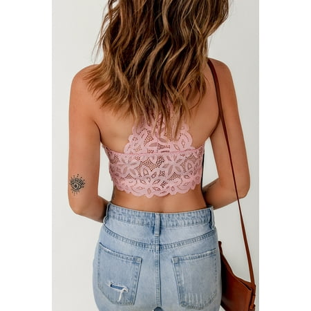 

GCKG Women s Pink Lace Floral Crochet Spaghetti Strap Bralette (US 4-6)S
