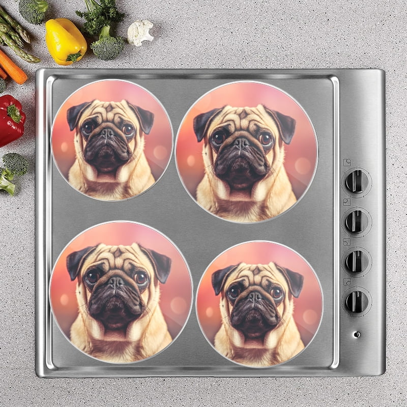 BaHomeck Electric Stove Burner Covers Set of 4,Round Metal Gas Stove Burner Covers 8 Inch and 10 Inch,Kitchen Decor,Portrait Of Cute Pug Dog With Funny Face