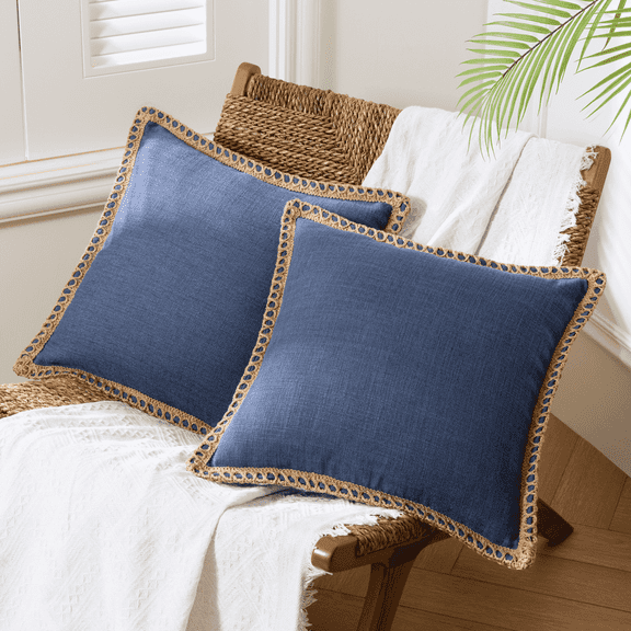 Phantoscope Set of 2 Soft Farmhouse Decorative Throw Pillow Covers, Burlap Linen Trimmed Tailored Edges Boho Accent Cushions Decor for Couch Sofa, Navy Blue, 20x20 Inch