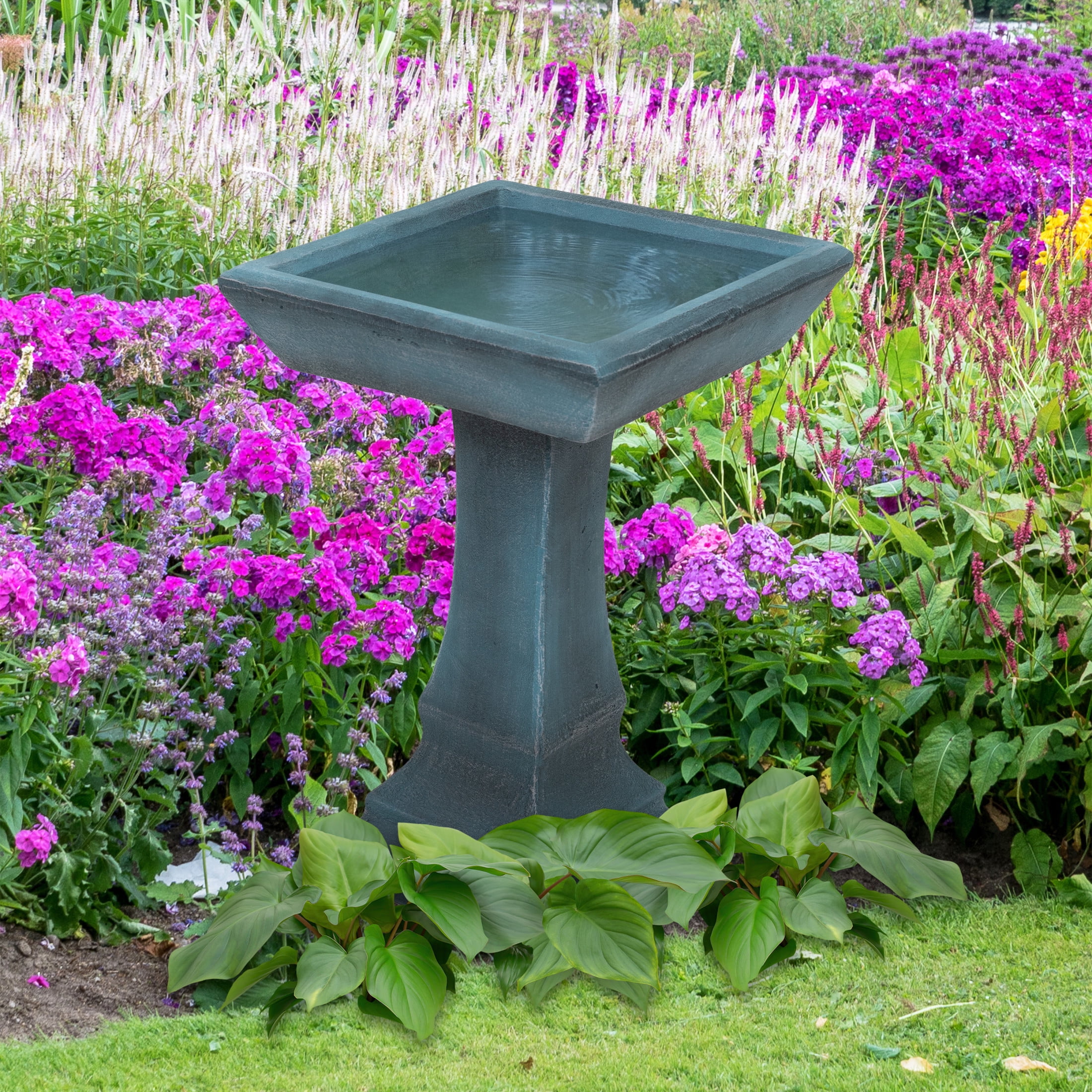 Sunnydaze Simply Square Freestanding Glass Fiber Reinforced Concrete Outdoor Bird Bath, Green