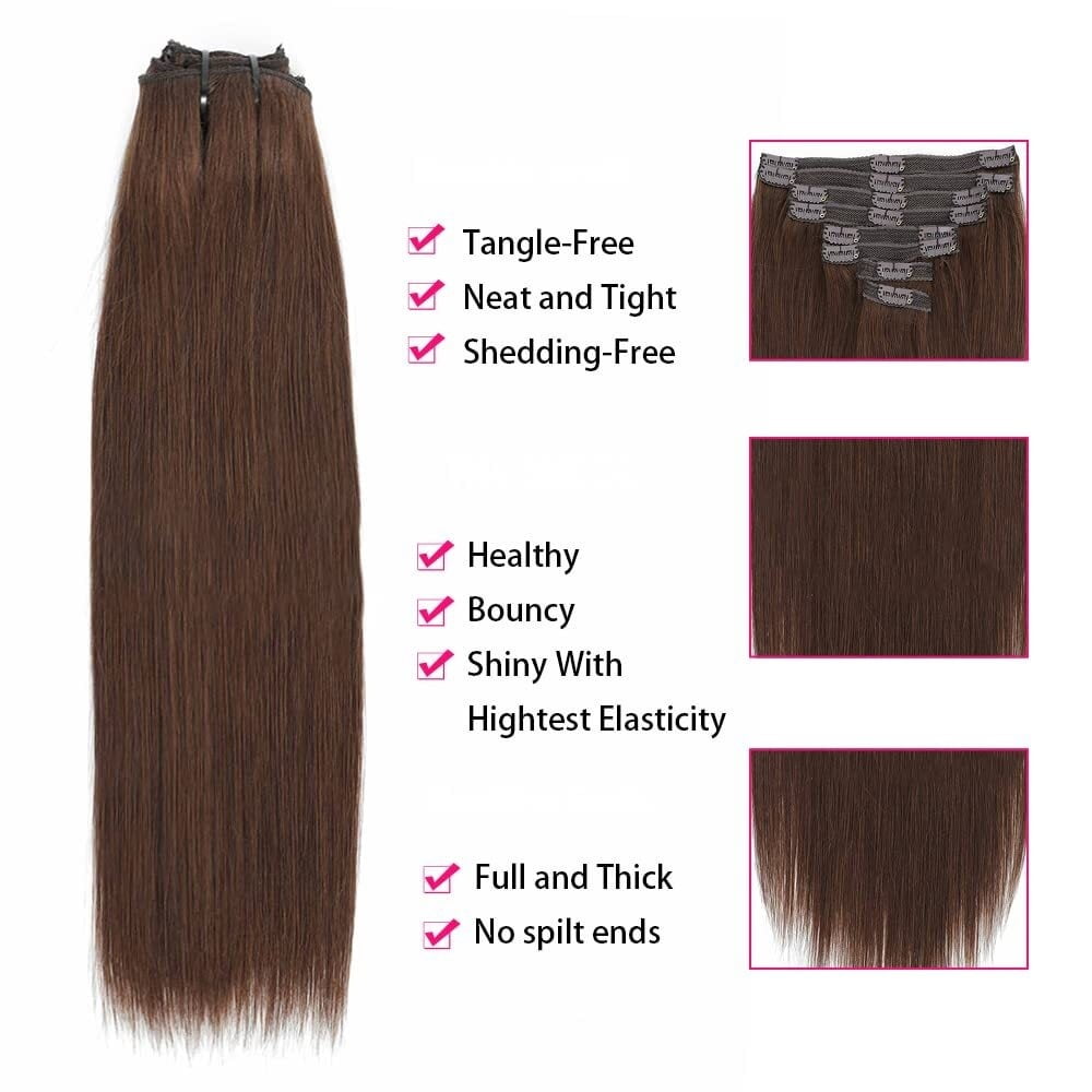 Clip in Human Hair Extensions Brazilian Remy Hair 10-26inch 120g 8Pcs Silky Straight Real Human Hair Clip in Extension #4 Brown Real Hair Extensions