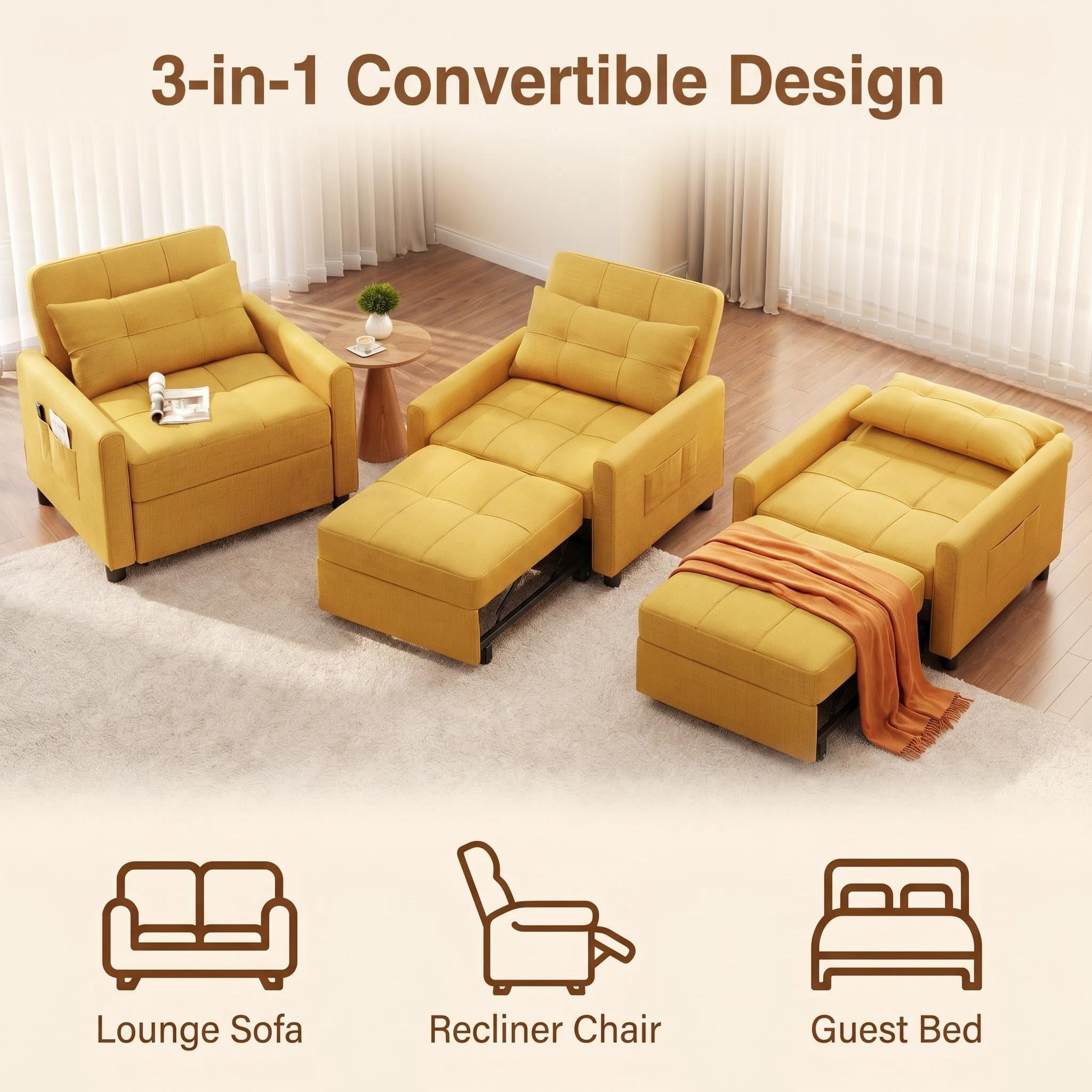 Sleeper Sofa, Lofka 3 in 1 Convertible Single Sofa Bed with Adjustable Backrest for Living Room, Bedroom, Yellow