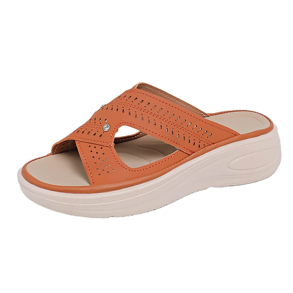 WRKEKC Sandals for Women Solid Color Round Toe Cross Strap Cut Out Wedge Heel Thick Sole Roman Style Slides Spring Summer