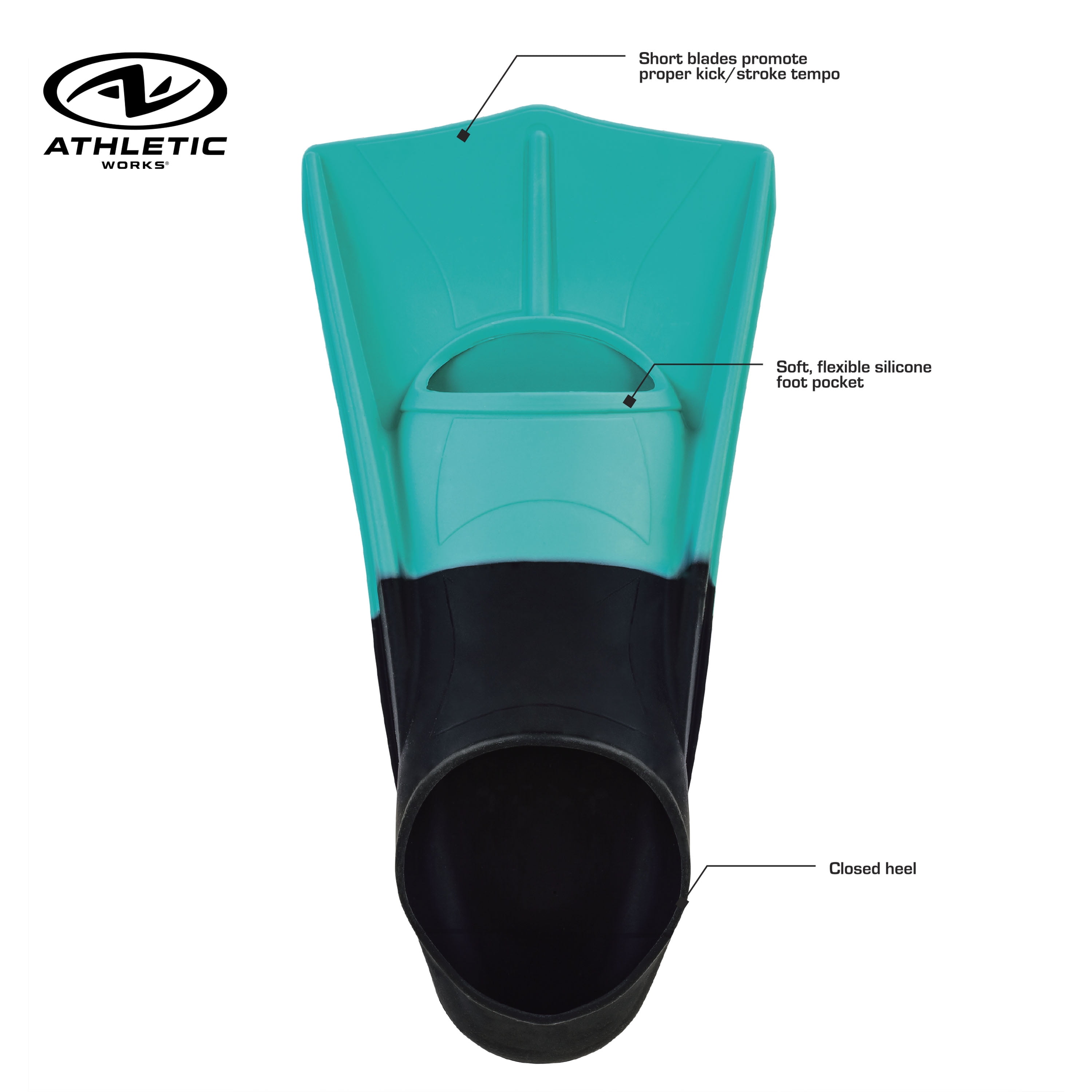 Athletic Works Adult Short Blade Silicone Swim Training Fin, Teal, Small