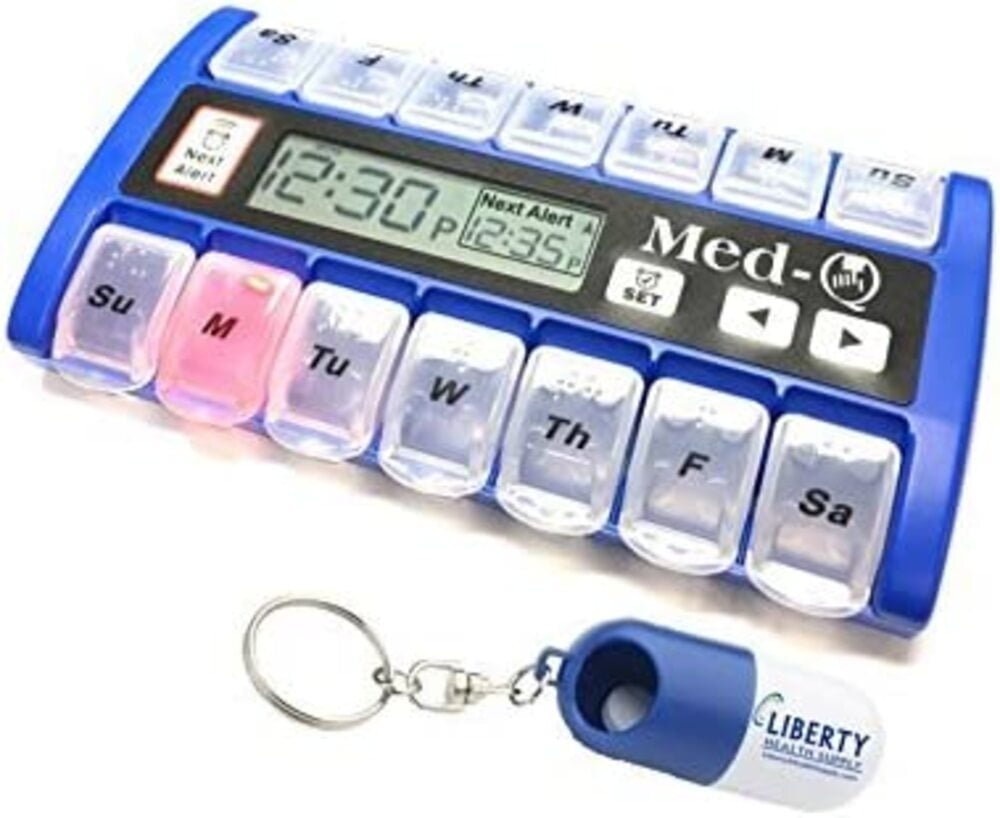 MEDQ Digital Pill Box Organizer, 2 Beep Reminder, LED Alert, Blue