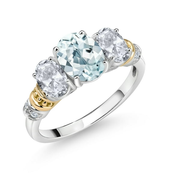 Gem Stone King 925 Sterling Silver and 10K Yellow Gold Oval Sky Blue Aquamarine White Topaz and White Diamond 3 Stone Ring for Women (2.43 Cttw, Gemstone March Birthstone, Size 5)