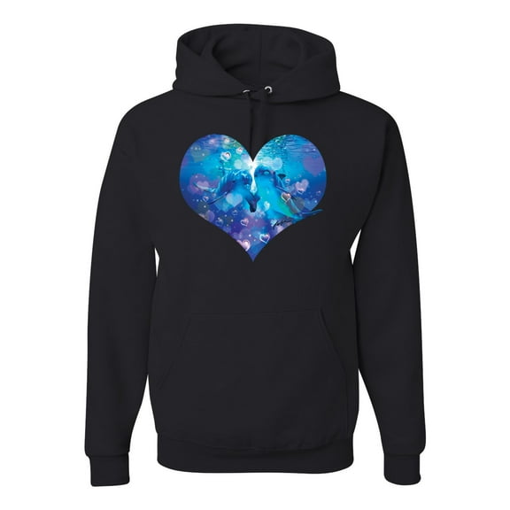 Wild Bobby, Cute Heart Shaped Couple Dolphins, Animal Lover, Unisex Graphic Hoodie Sweatshirt, Black, Small