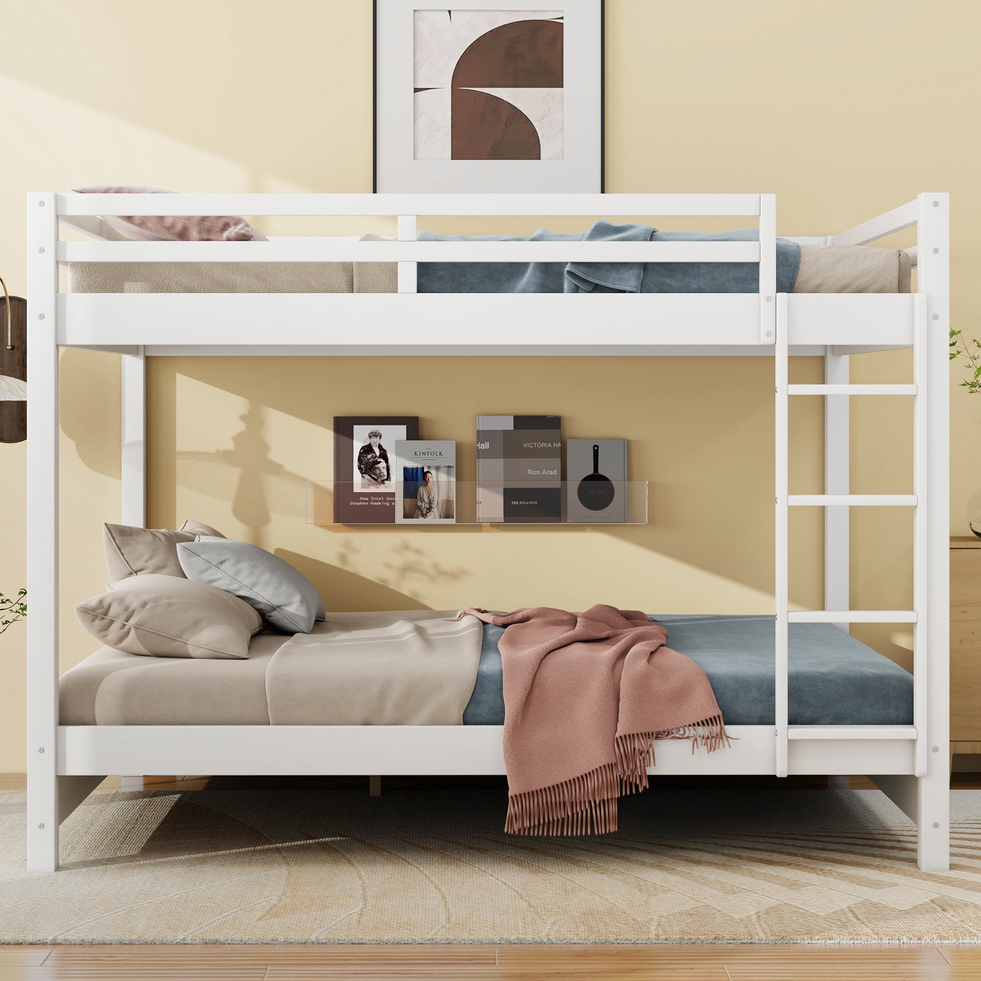 Euroco Wood Queen over Queen Bunk Bed for Kids Teens Adults, White