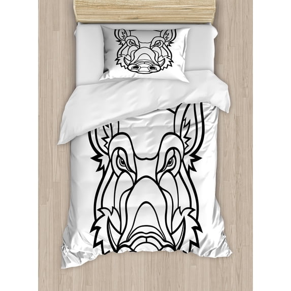 Razorback Duvet Cover Set Twin Size, Uncolored Outline Design Drawing of Wild Boar Pig Head Illustration, Decorative 2 Piece Bedding Set with 1 Pillow Sham, Charcoal Grey and White, by Ambesonne