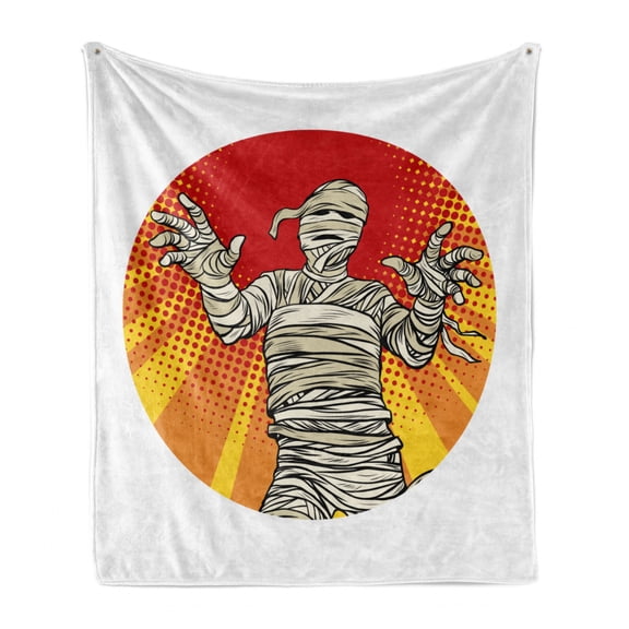 Halloween Soft Flannel Fleece Blanket, Egyptian Mummy Character on Rays and Halftone Dots Retro Pop Art, Cozy Plush for Indoor and Outdoor Use, 70" x 90", Vermilion and Grey Yellow, by Ambesonne