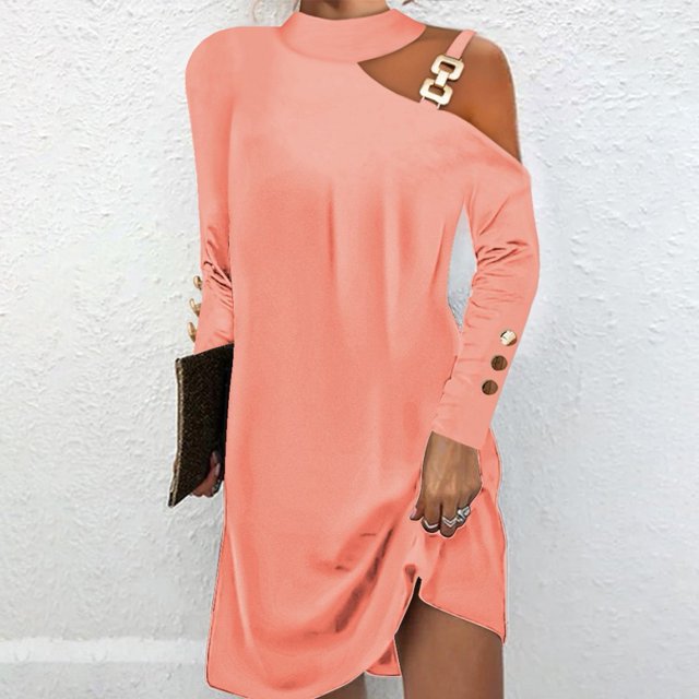 Women Autumn Causal Simple Halter Solid Color Off Shoulder Sling Pullover Dress