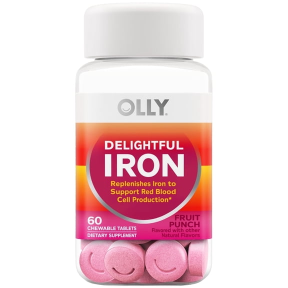 OLLY Delightful Iron Chewable Tablet Supplement, Iron From AB Fortis, Fruit Punch Flavor, 60 Ct