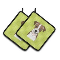 Checkerboard Lime Green Jack Russell Terrier Pair of Pot Holders