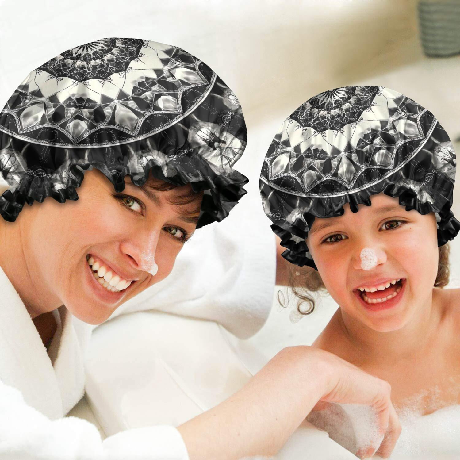 Shower Caps,Black White Tie Dye Mandala Pattern Waterproof Shower Cap for Women 4 Pieces,Double Reusable Hair Cover for Shower PEVA Elastic Stretch Hem