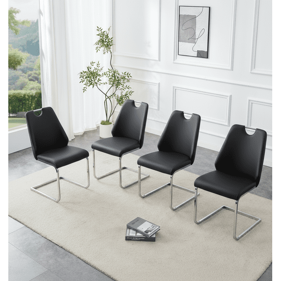 Black Faux Leather Dining Chair Set of 4, Metal Frame with Gold Mesh Texture, Silver Back Ring & Chrome Pull Handle, High Back