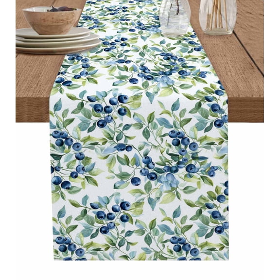 ERUNPONLY Blueberrys Leaves Table Runner - 70 Inch Long Country Green Botanical Plants Cotton and Linen Blended Dress Scarves Farmhouse Table Runner for Kitchen Dining, Coffee Table, 13"x70"