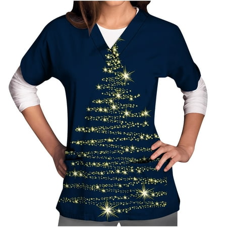 

YWDJ 2023 Happy New Year Scrub Tops for Women Trendy Graphic Tee Novelty with V Neck Short Sleeve Blue XXL