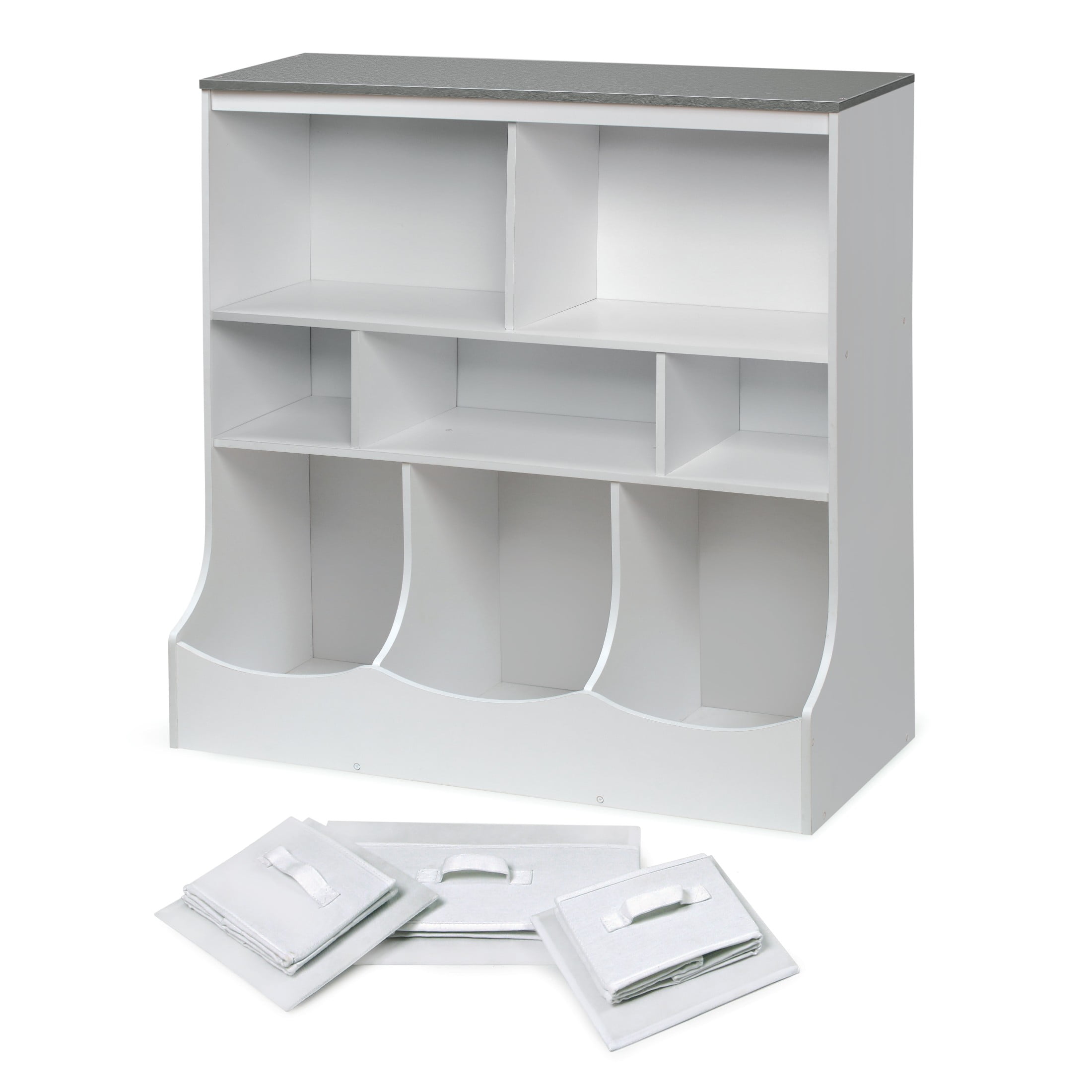 Badger Basket Combo Bin Wood Toy Storage Organizer with Three Baskets 8.6 Cu ft.- White/Gray