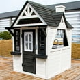 thumbnail image 3 of iRerts Outdoor Playhouse, Wooden Playhouse for Kids Play House with Front Door, Flower Pot Holders, Stove, Sink, Doorbell, Windows, Indoor Outdoor Kids Play Equipment Gift for Ages 2+, Black+White, 3 of 14