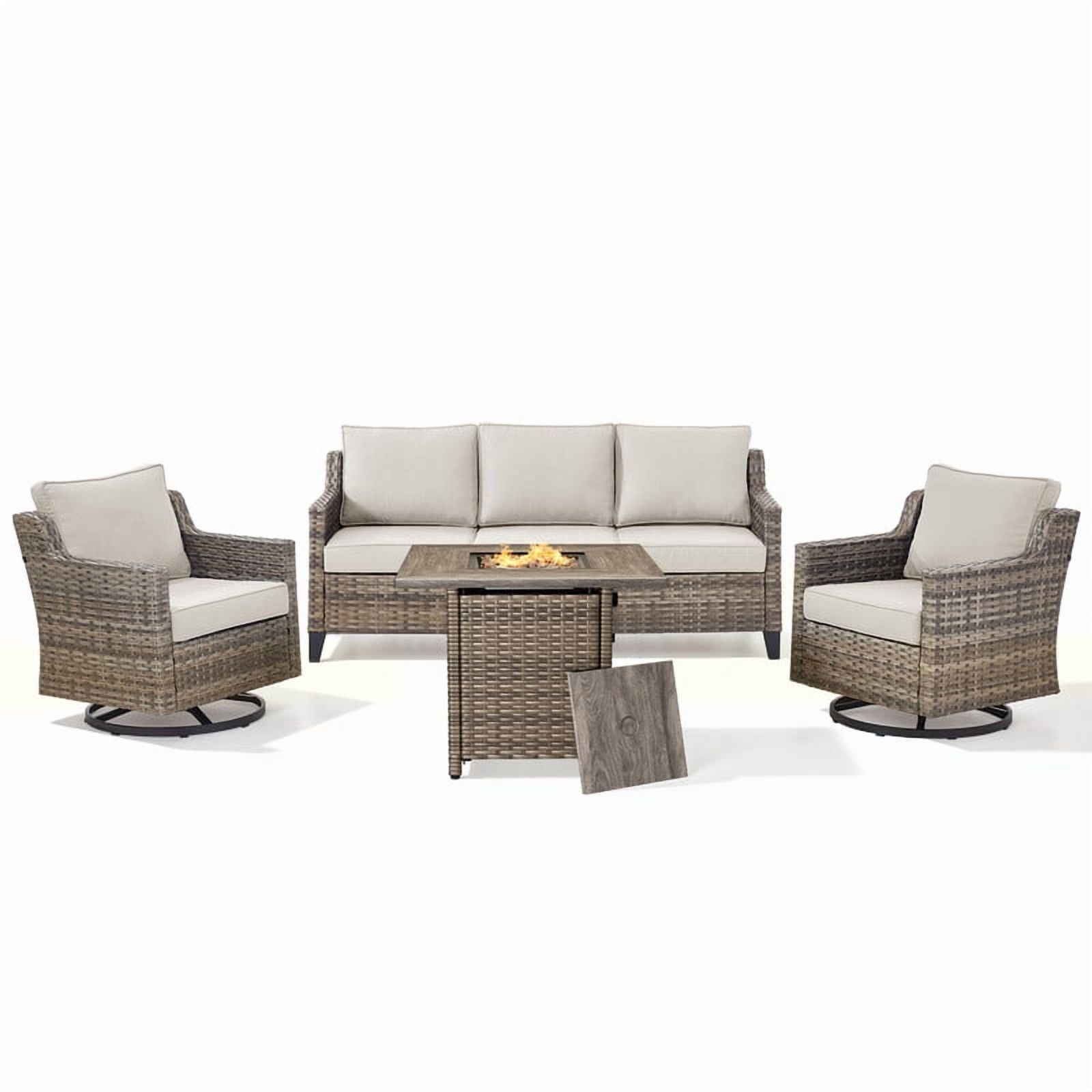 PARKWELL 4 Piece Outdoor Patio Furniture Set with Fire Pit Table,All-Weather Conversation Set with Luxury 4-Inch Thick Cushions,Swivel Glider Chair,5-Seat Furniture Sets for Deck, Backyard,Gray/Beige