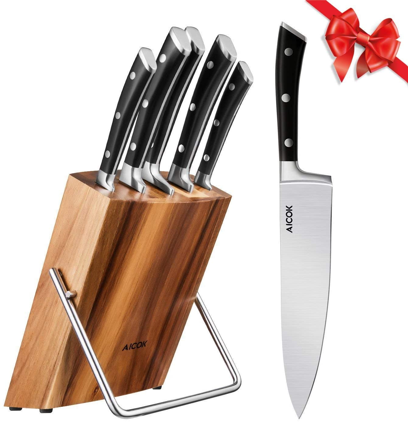 Aicok Knife Set, 6 Pieces German Stainless Steel Small Kitchen Knife Set with Wooden Block, Cutlery Block
