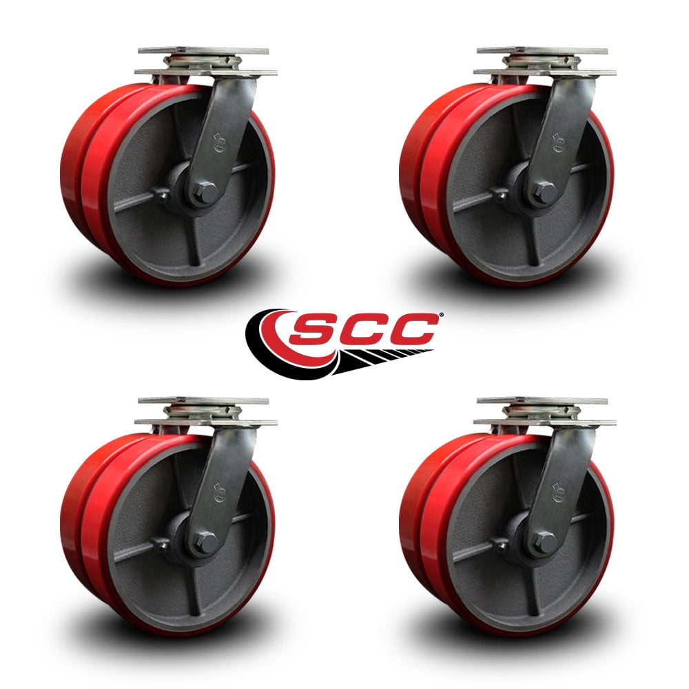 8 Inch Dual Red Poly on Cast Iron Wheels Swivel Caster Set with Ball Bearing SCC