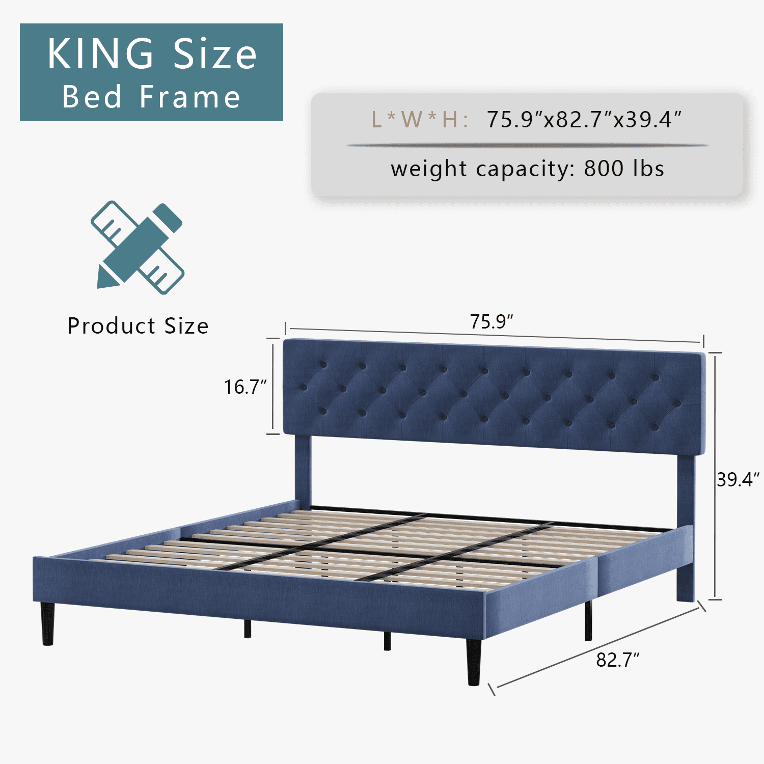 4 Ever Winner King Size Bed Frame, Upholstered Platform Bed with Headboard, Button Tufted Headboard, Blue