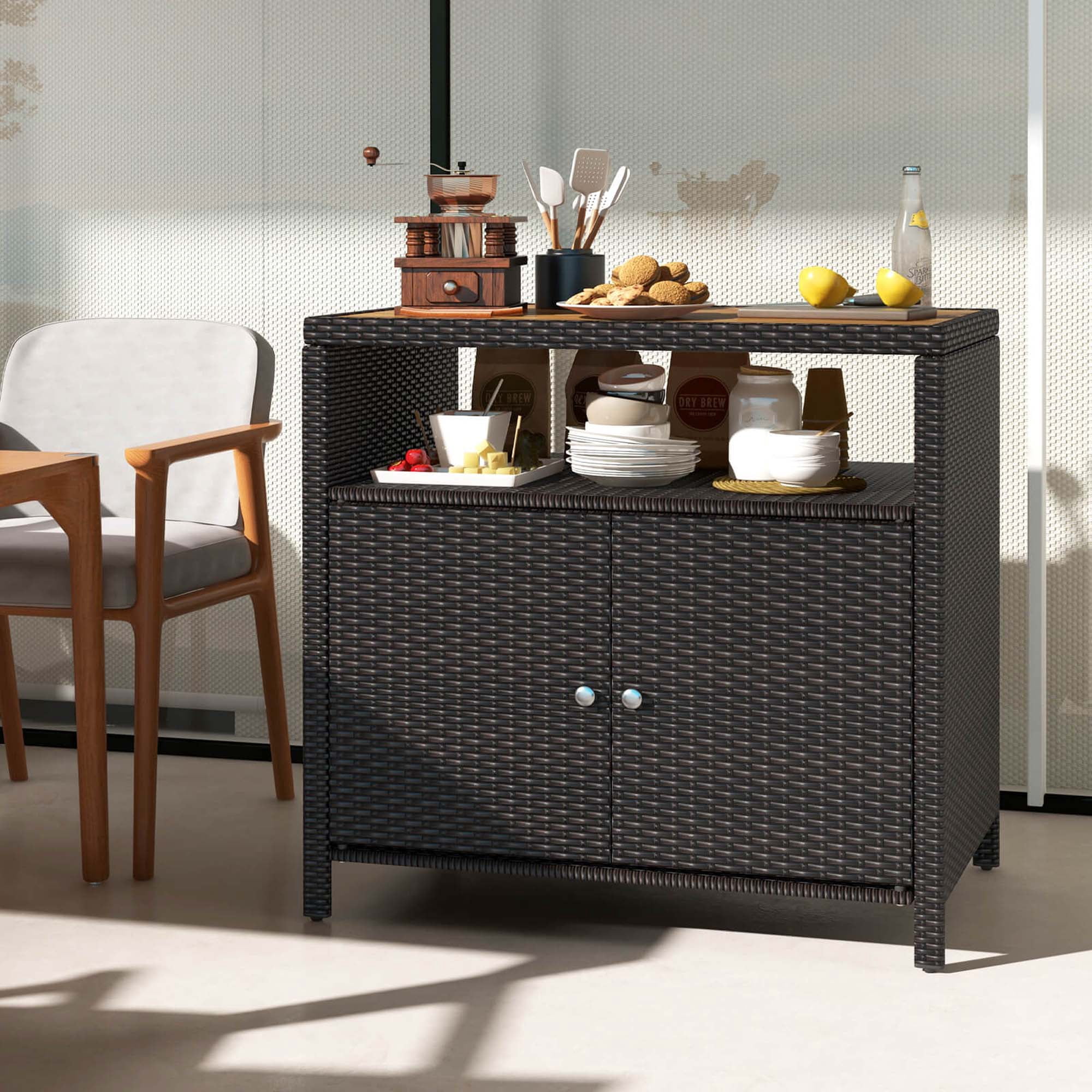 Costway Patio Rattan Storage Cabinet with Acacia Wood Countertop Open Shelf 2 Door Cabinet Mix Brown