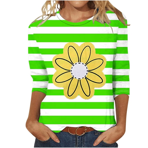 Camisetas Casuales de las Mujeres de Moda Impresa 3/4 Mangas Blusa Cuello Redondo para el Hogar Y Diario