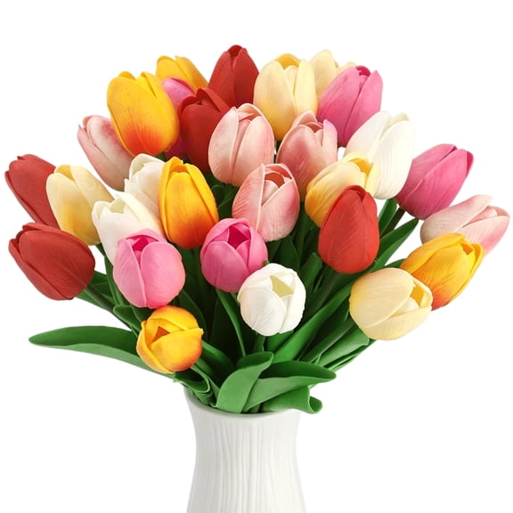 30 Pcs Artificial Tulips Flowers, Real Touch PU Tulip Bouquets, Mixed Color Faux Flowers, Bendable Faux Floral Arrangement for Vase, Wedding Table Centerpiece, Home Decor