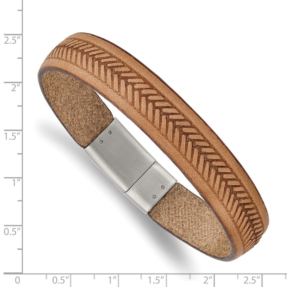 Diamond2Deal Stainless Steel Polished Textured Tan Italian Leather Bracelet for Men 8.75"