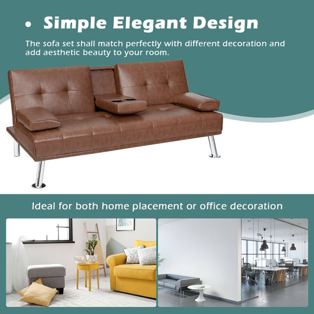 Finihen Futon Sofa Bed, Leather Couch, Convertible Folding Recliner, Convertible Folding Leather Futon Sofa with Cup Holders and Armrests, for Living Room, Bedroom, Brown Finihen Futon Sofa Bed, Leather Couch, Convertible Folding Recliner, Convertible Folding Leather Futon Sofa with Cup Holders and Armrests, for Living Room, Bedroom, Brown