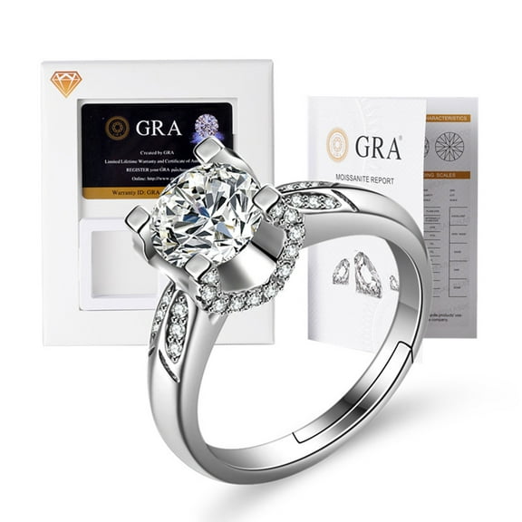 1 Carat Elegant Moissanite Ring for Women D Color VVS1 Excellent Grade Silver Jewelry 18k White Gold Plated with GRA Report Adjustable Open Gift Rings for Lady