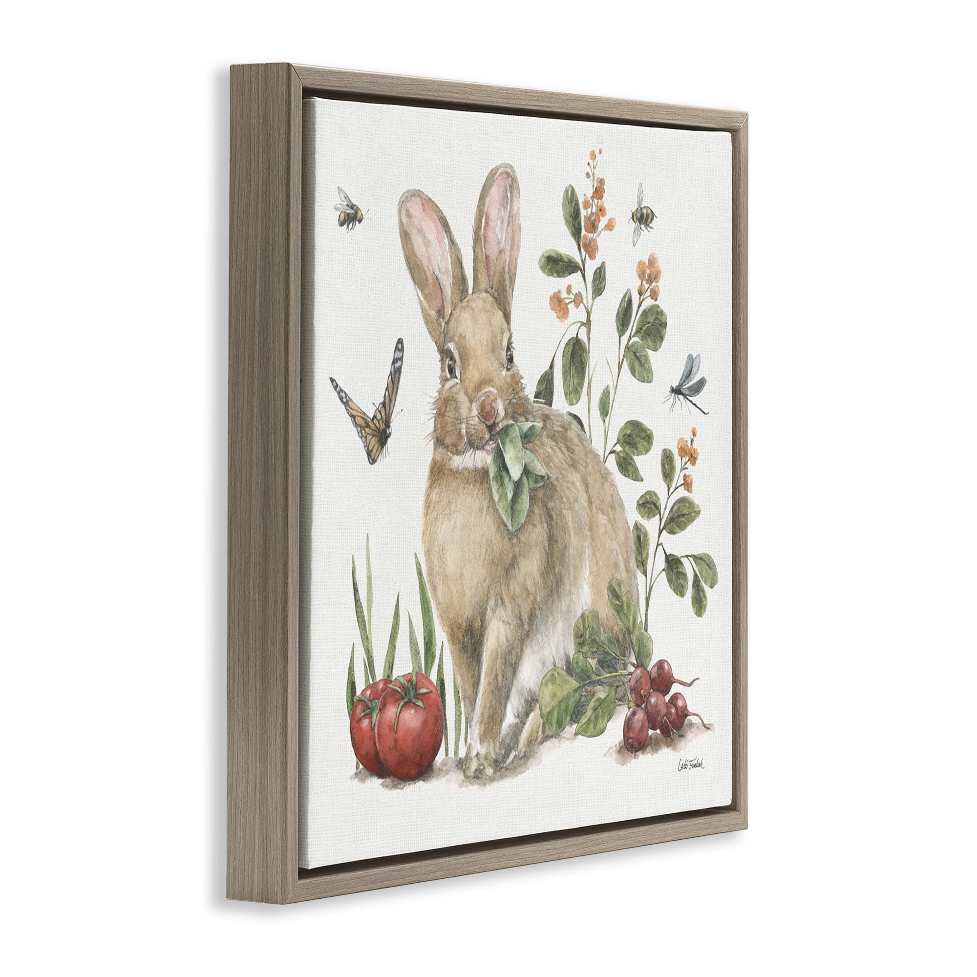 Stupell Industries Rabbit & Butterfly Garden Animals & Insects Painting Brown Floater Framed Canvas Art Print Wall Art, 18 x 18