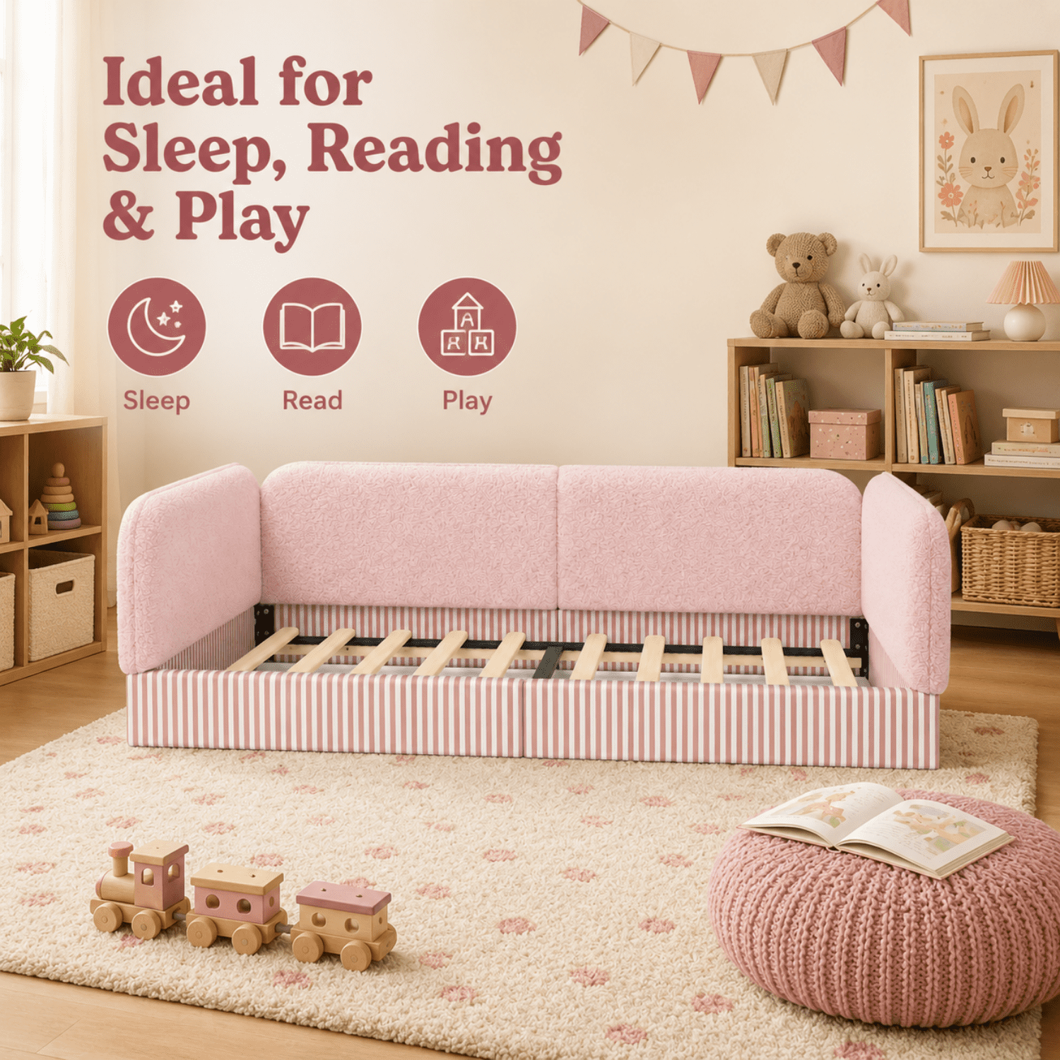 Miniyam Twin Kids Floor Bed with Padded Guardrails, Teddy Fleece Upholstered Montessori-Inspired Bed, Pink