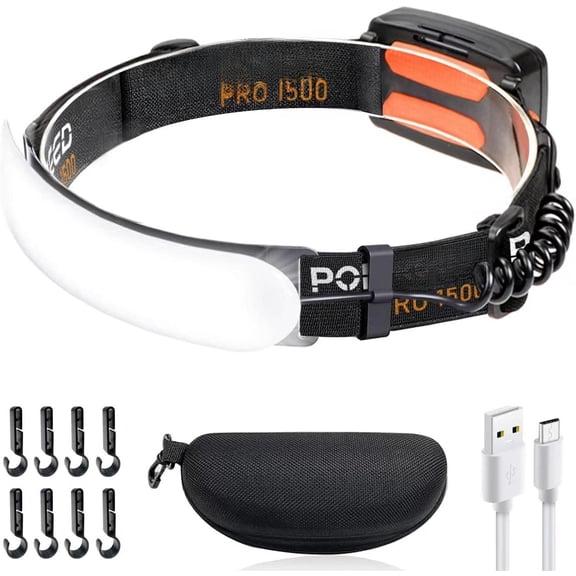 Headlamp , Bright 1500 Lumens 230? Wide Beam Headlamp, 3 Modes IPX6 Lightweight Light with Taillight & Clips for Camping, Running,Fishing, Outdoors, Hard Hat Work