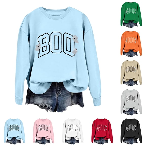 WEIWEN Halloween Sweatshirt for Women Cute BOO Graphic Shirts Crewneck Embroidered Ghost Pullover Fall Sweaters for Women Outfits Tops Women's Clothing Green, S