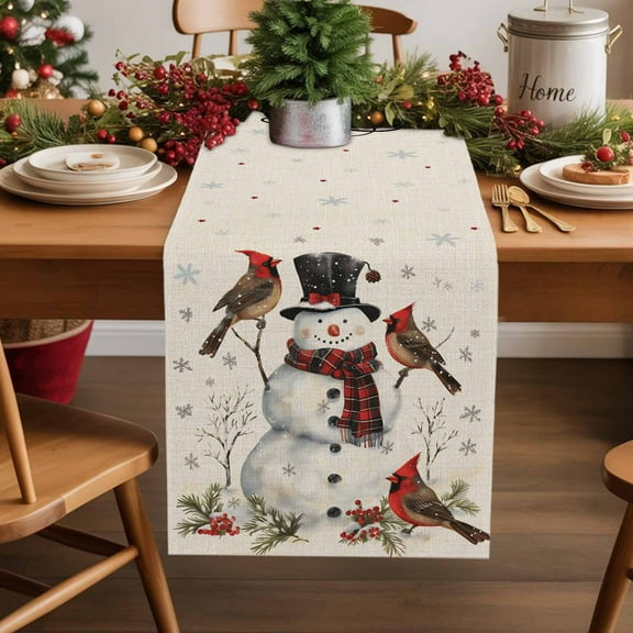 Burlap Table Runner 36 Inches Long,Merry Christmas Snowman Cardinals Bird Non-Slip Kitchen Table Runners for Dining Room Everyday Use Party Table Decorations Retro Beige Linen