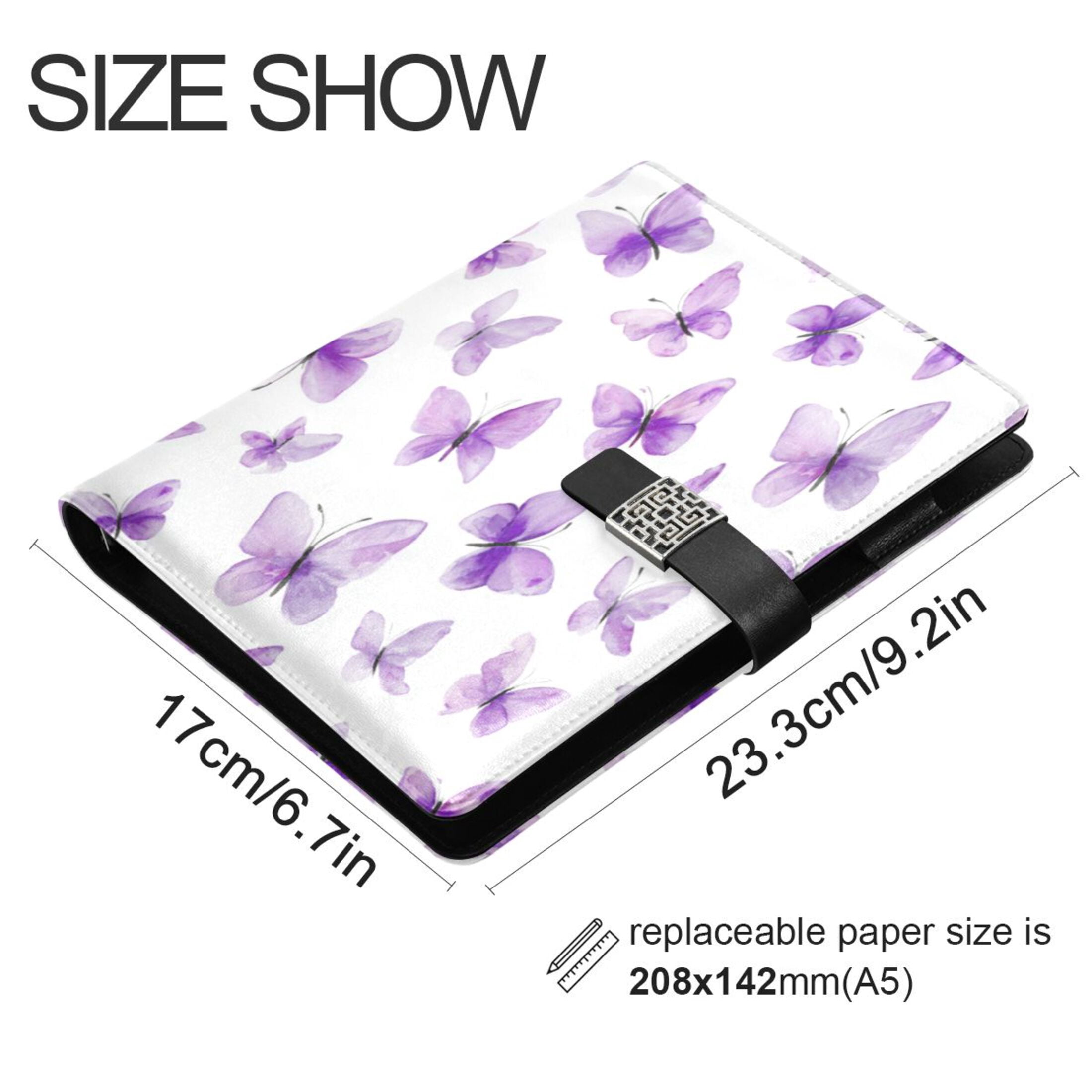 Leather Planner Leather Notebook Notebook Journal Binder Design Pen Pocket Design Convenient for Storage Watercolor Purple Butterfly Illustration