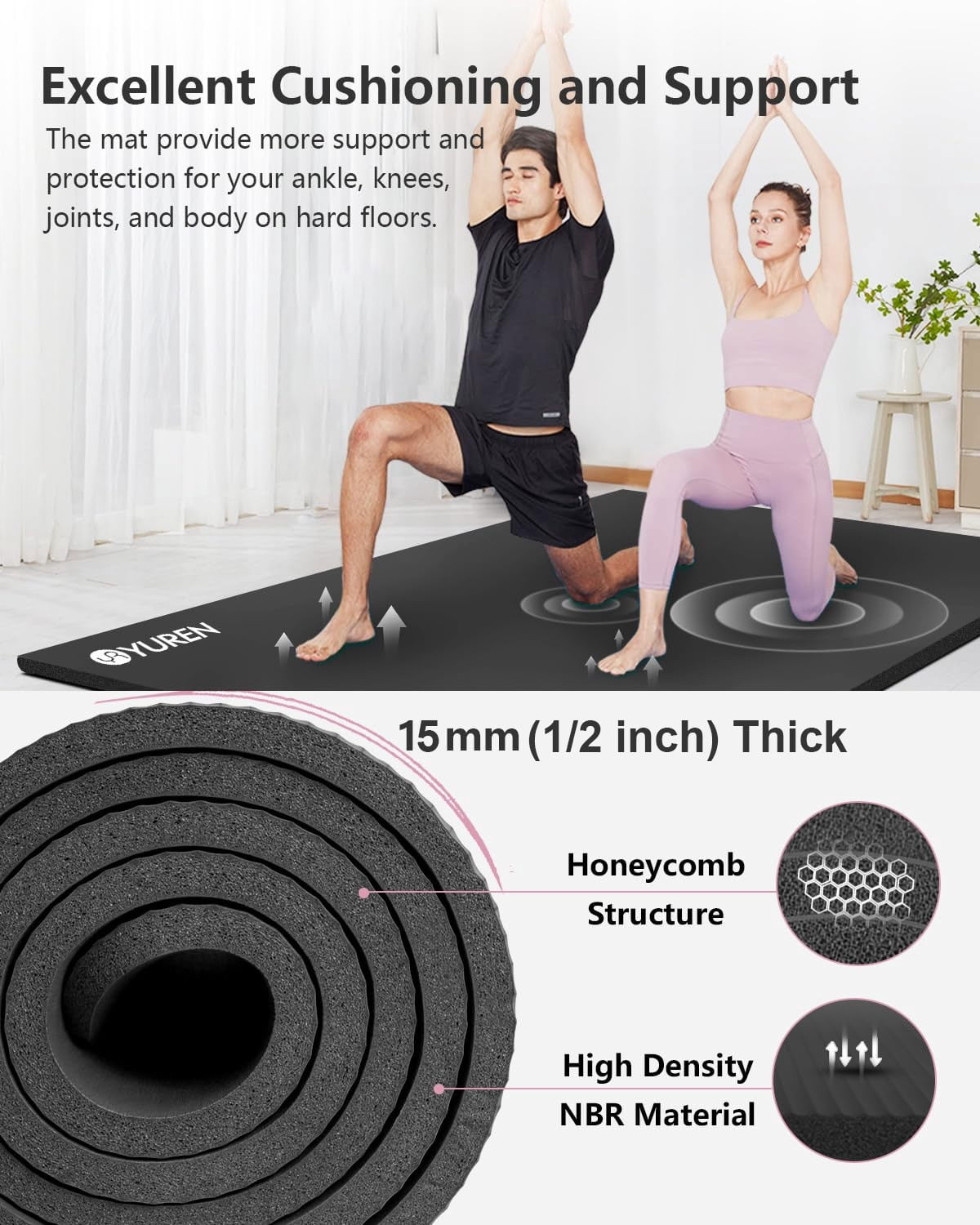 YR Large Yoga Exercise Mat 78"x51" 1/2" Thick NBR Foam Workout Mats, Black W/ Yoga Bag
