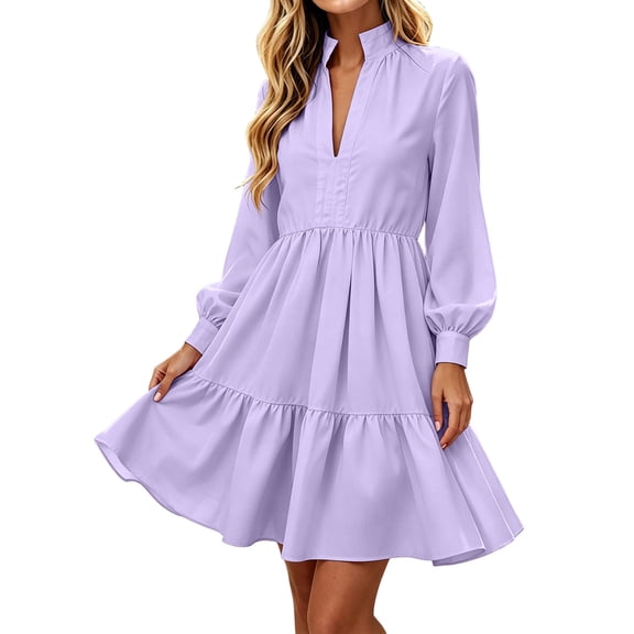 Lnmiateer Women V Neck Stand Collar Puff long Sleeve Tiered Mini Dress high Waist Ruffle Hem Flowy Casual Beach Vacation Going Out Outfit