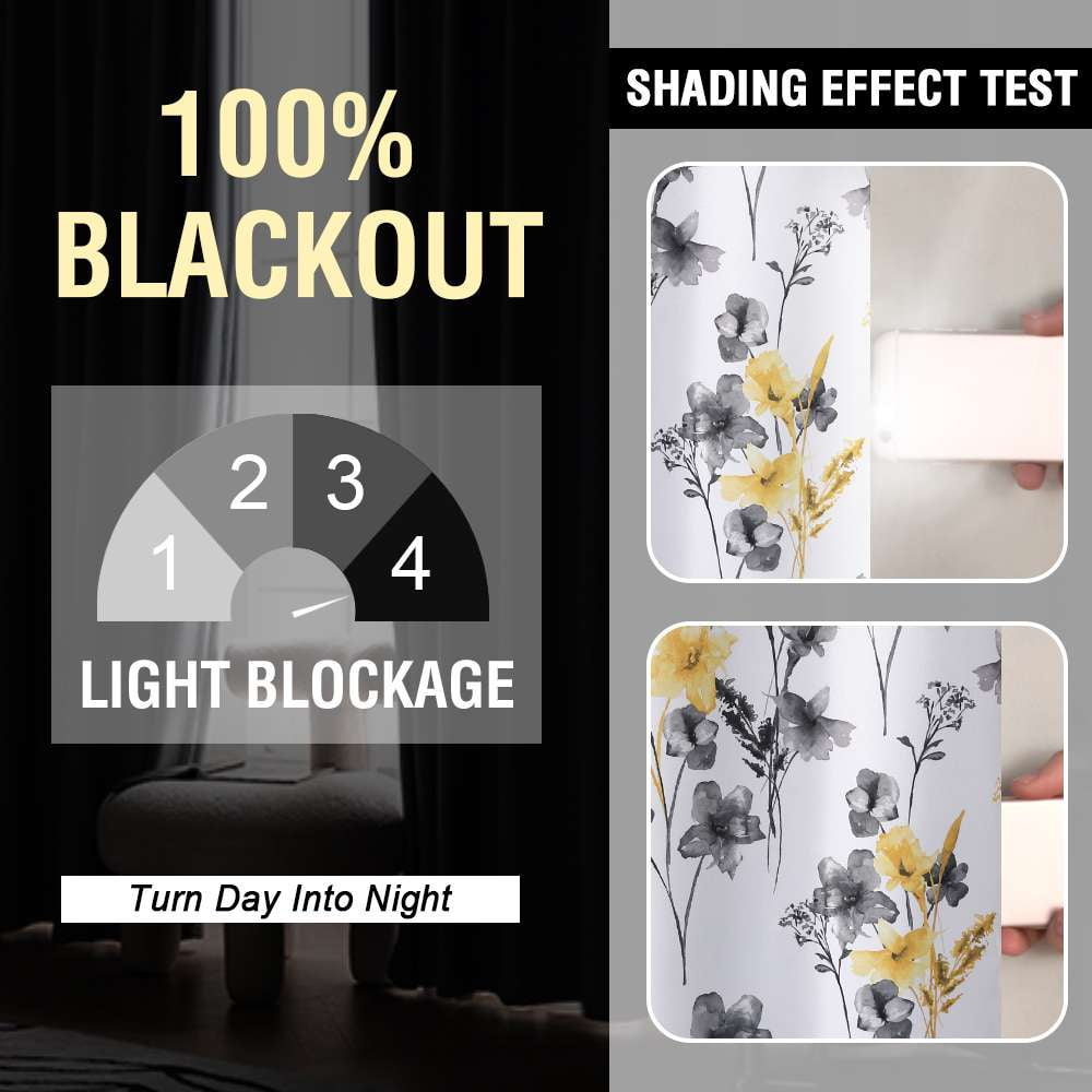 H.VERSAILTEX 100% Blackout Curtains Cattleya Floral Printed Drapes Leah Floral Thermal Bedroom Curtains for Living room with Black Liner 2 Panels,52" x 108",Grey/Yellow