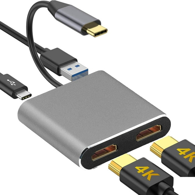 Adaptateur CHL-USB C vers Double HDMI MST, Convertisseur Multiport 4 en 1 USB Type C avec 4K HDTV Compatible pour Mac/MacBook Pro/Air, iPad Pro, Windows, Chrome (Double HDMI MST, USB-C, USB-A)