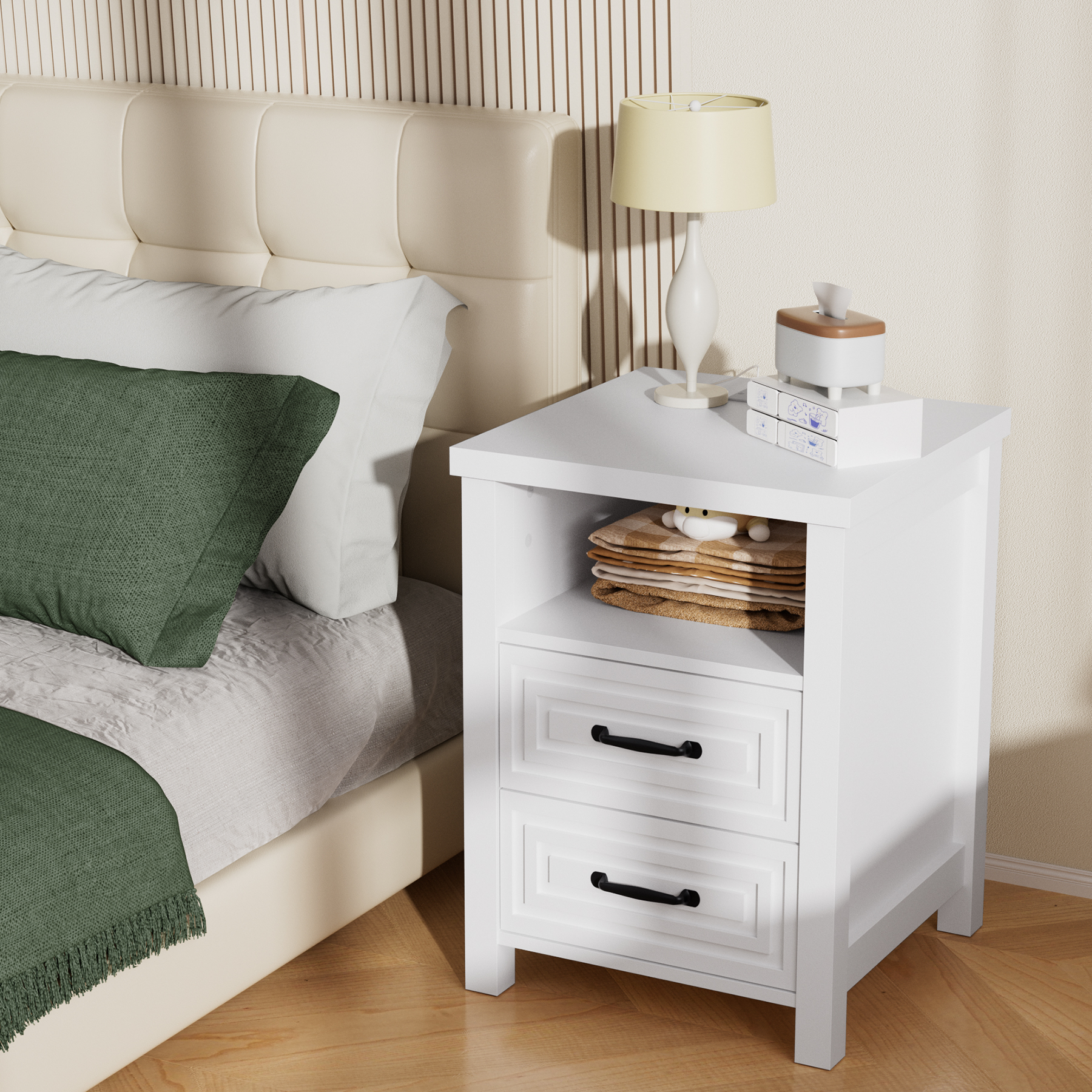 HOMWOO White Nightstand with Charging Station Modern Bedside Table with 2 Wooden Drawers and Storage Shelves for Bedroom Living Room