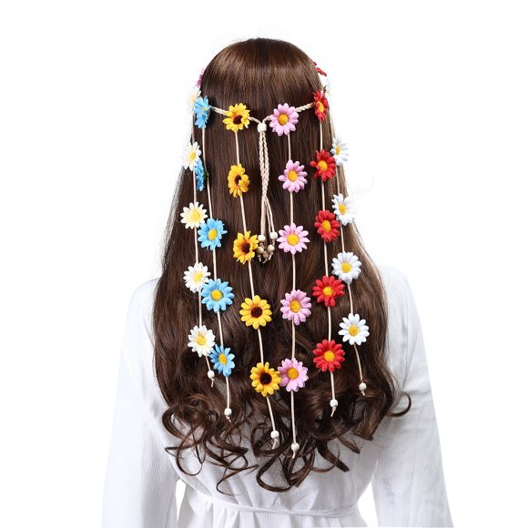Flower Hippie Headband Floral Crown - Sunflowers Beads Adjust Flower Headdress Hair Accessories,Colorful