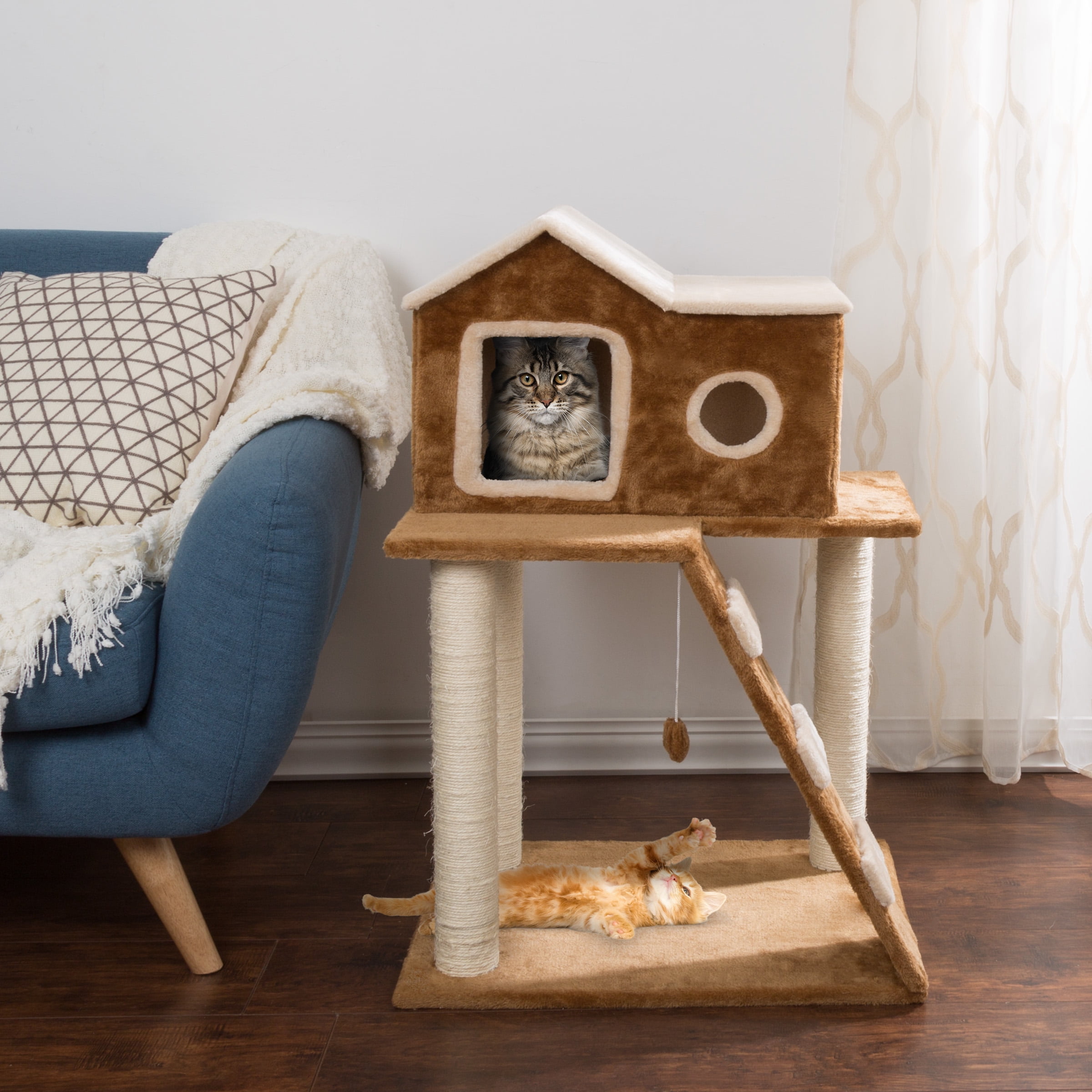 PETMAKER 35in Cat Tree with Ladder, House, Scratch Posts, and Toy (Brown)