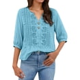 thumbnail image 2 of Womens 3/4 Sleeve Tops Cotton Linen Shirts Embroidered V Neck Button Boho Blouses Loose Fit Dressy Casual Tunic Top,Sky Blue,M, 2 of 7